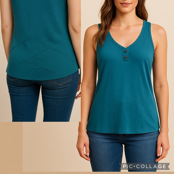 GAP Teal Sleeveless Henley Mixed Media Tank Top Size S | Sheer Drape Back Detail - Picture 1 of 11